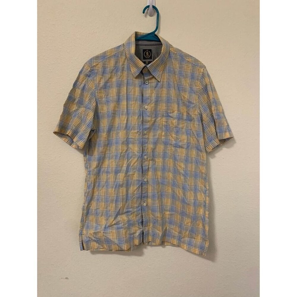 Saltaire Short Sleeve Check Men's Button-Down Shirt Size Medium Blue Orange I9